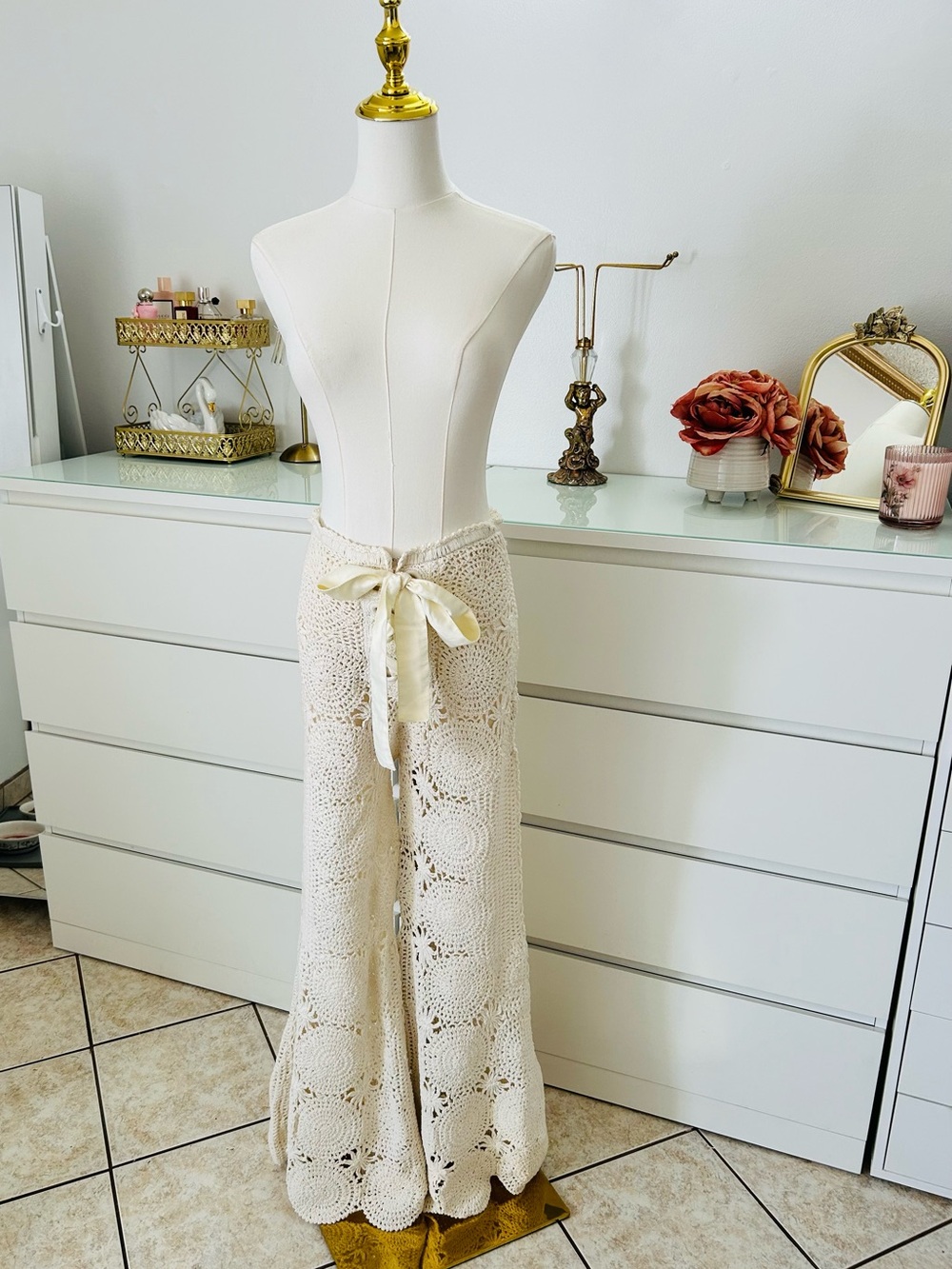 Free People Cream Crochet Wide-Leg Pants